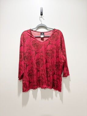 Anxiety Rose Women's Red Rose-Print V-Neck Beaded Vintage Blouse Lettuce Trim